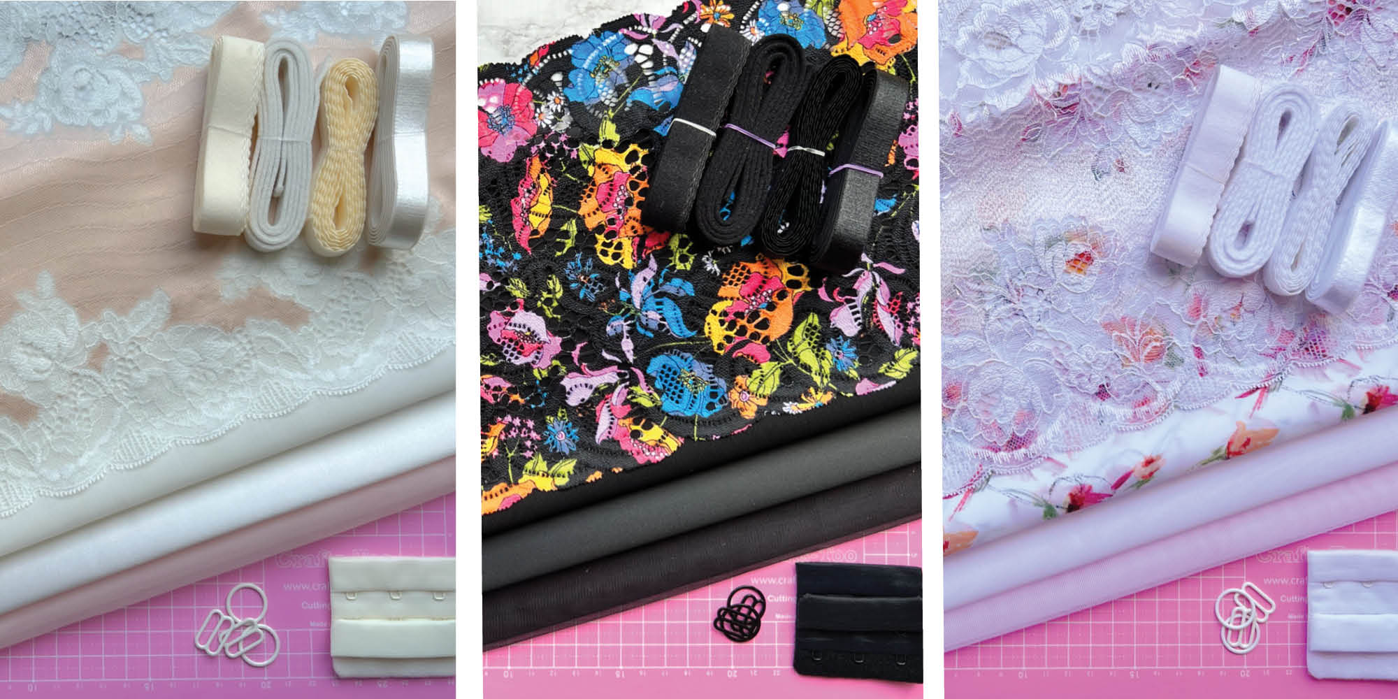 Pink & Black Flower Bra Making Fabric and 7 Lace Kit - Porcelynne Lingerie  Supplies